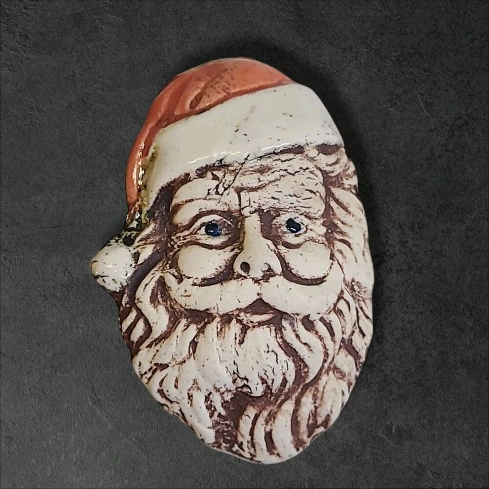 Vintage Christmas Artisan Ceramic Santa Head Brooch‎ Pin Signed SW